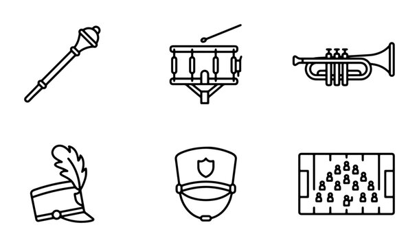 Marching Band Icons: Drum Major Baton, Snare Drum, Trumpet, Shako Hat, Uniform Cap, Field Formation