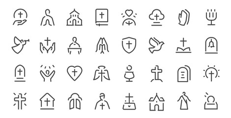 Obraz premium Religion and faith line icons set with church, cross, prayer, angel and spiritual symbols