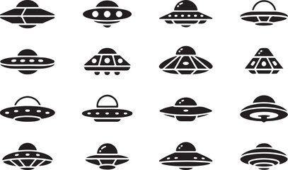 Black and white flying saucer ufo icons collection © Masud