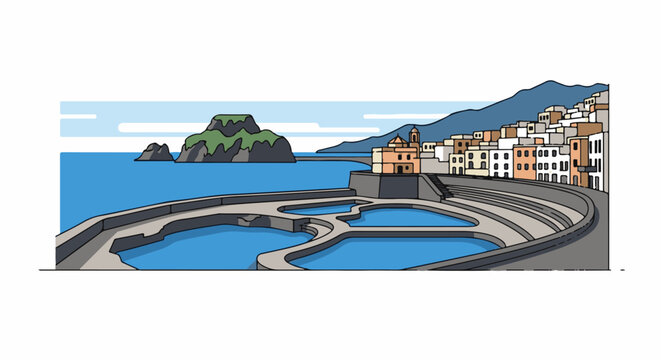 Coastal town with tiered salt pans and rocky island offshore
