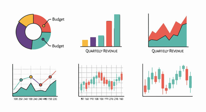 Six different colorful charts and graphs illustrating data