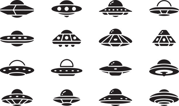 Black and white flying saucer ufo icons collection