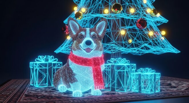 Corgi dog with scarf under a neon glowing christmas tree illustration