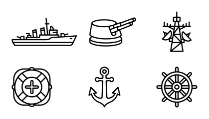 Naval Warfare Icons: Warship, Turret, Radar, Lifebuoy, Anchor, Ship's Wheel Vector Set © Maksud