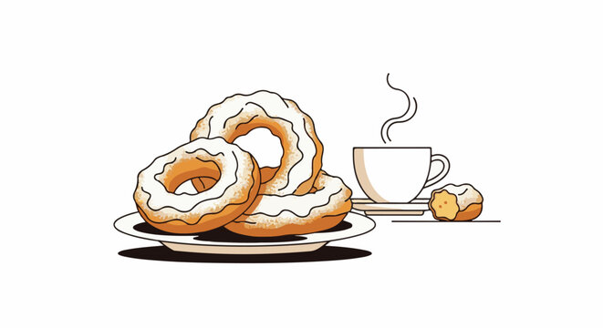 A stack of powdered sugar donuts next to a steaming cup of coffee and a small donut