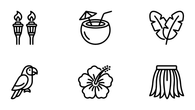 Tropical Icons Set: Tiki Torches, Coconut Drink, Parrot, Hibiscus, Palm Leaves, Hula Skirt