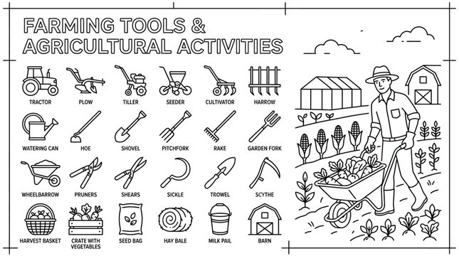 Collection of farming tools and agricultural activities line art icons.