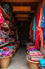 Fototapeta premium Colorful textiles like rebozos, serapes fill shelves, baskets in Mexican market stall. Brightly dyed fabrics display intricate patterns. Wooden signs hang above displays of woven goods, embroidered