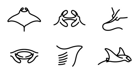 Fototapeta premium Manta Ray Icons, Ocean Wildlife Line Art, Marine Biology Vector Set, Underwater Animal Graphics