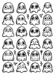 Fototapeta premium A collection of cute cartoon ghost characters with various expressions, hand-drawn in a doodle style.