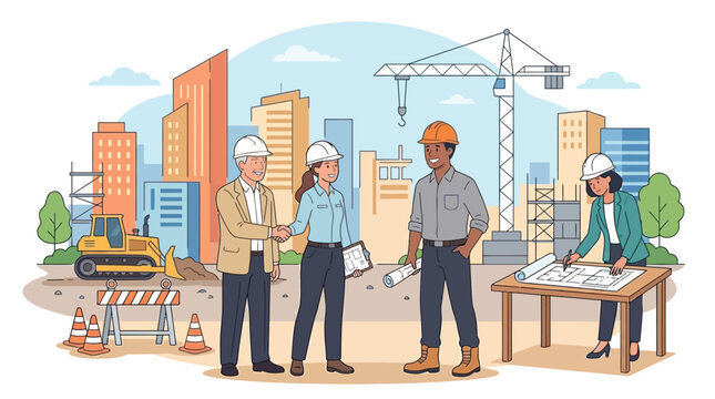 A diverse team of professional architects and engineers collaborating on a construction site project.