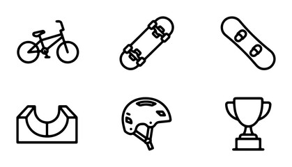 Obraz premium Extreme Sports Icons: BMX Bike, Skateboard, Snowboard, Ramp, Helmet, Trophy Vector Set