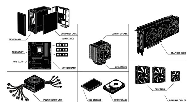 A detailed technical diagram showing various computer hardware components for PC assembly.