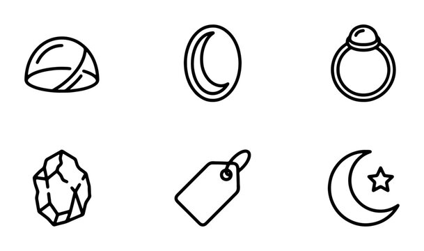 Jewelry Icons Set, Gemstone Ring, Crescent Moon, Tag, Stone, Vector Graphics