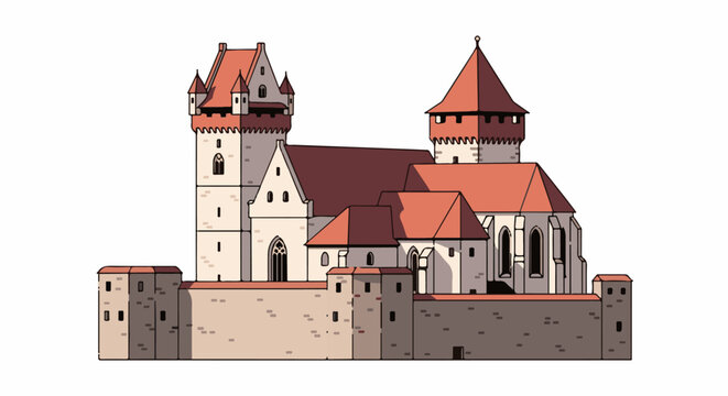 An illustrated medieval fortress with multiple towers and red-tiled roofs