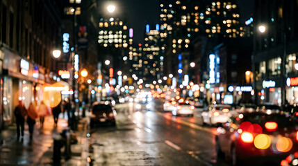 Obraz premium Blurred night city street with traffic and pedestrians, lights reflecting on wet pavement creating a vibrant urban atmosphere