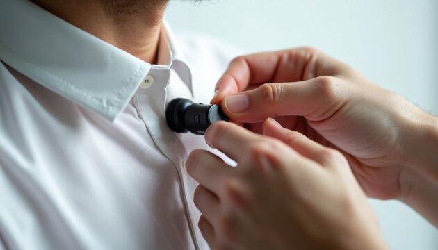 Hands attach lavalier microphone to white shirt collar. Setting up audio equipment for interview or presentation. Getting ready for speech or recording session.