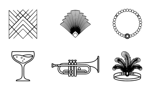 Art Deco Icons: Geometric Patterns, Fan, Necklace, Cocktail Glass, Trumpet, Feathered Headband