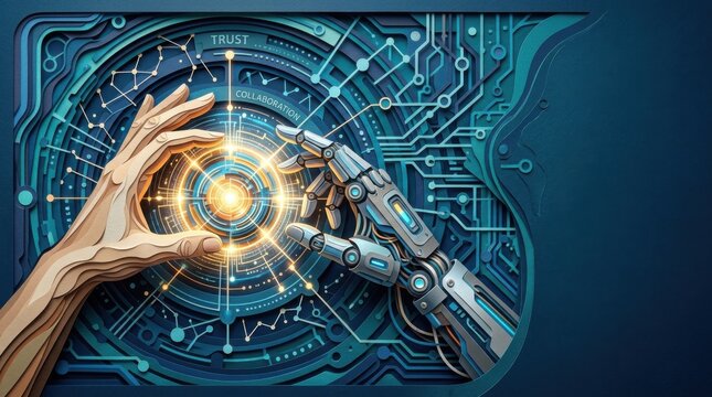 Human hand and robotic hand reaching towards a glowing orb, surrounded by intricate circuit patterns and digital elements representing technology and collaboration