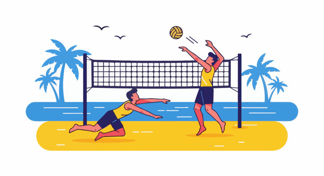 Two men playing volleyball on a sandy beach near blue ocean waves, under palm trees