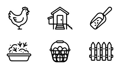 Farm Icons: Chicken, Coop, Feed Scoop, Nesting Box, Egg Basket, Fence Vector Set © Hasan