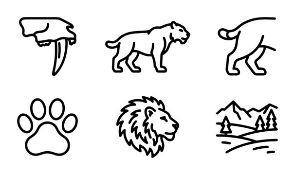 Saber-toothed Cat Icons, Lion Head, Paw Print, Landscape, Prehistoric Animal Vector Graphics Set