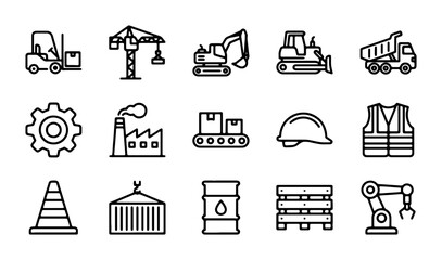 Construction and Industry Icons Set: Heavy Machinery, Safety Gear, and Logistics Elements © Hasan