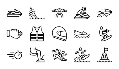 Water Sports Icons Set: Jet Ski, Wakeboarding, Surfing, Safety Gear, Timer, Buoy © Murad