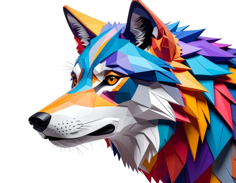 Vibrant low poly wolf illustration. Colorful geometric wolf portrait featuring a rainbow triangle mosaic style, perfect for modern graphic design, prints, and creative artwork.