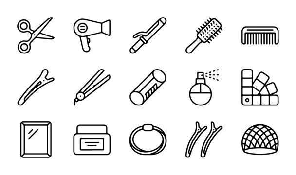 Hair Salon Icons Set, 15 Vector Graphics for Beauty and Styling Services