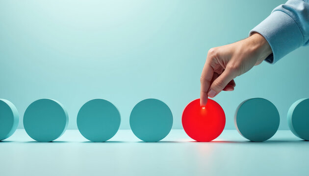 Man picks red circle from row of blue circles. Hand selects one item from many. Concept of choice decision uniqueness and individuality. Focus on highlighted object.