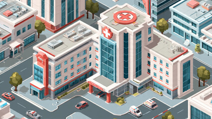 Fototapeta premium Modern hospital building with medical cross symbol cityscape with surrounding urban environment