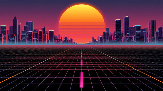 Futuristic neon cityscape with vibrant sunset, grid ground and glowing skyscrapers