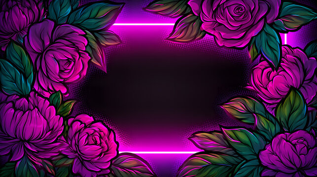 Comic book style floral neon frame with bold roses and romantic pop art poster glow