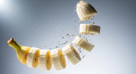 Naklejka premium Flying Banana Slices in Air