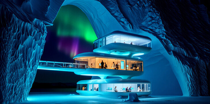 Futuristic multi-level luxury ice hotel or resort structure nestled within a grand ice cave with visible aurora borealis ice architecture unique travel northern lights blue ice extreme environmen