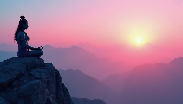 Lord Shiva meditates on rocky peak at pink sunrise. Mountains layer background. Peaceful yogi sits in lotus pose facing sun. Calm spiritual practice over vast landscape.