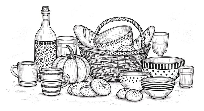 Still life with bread and crockery