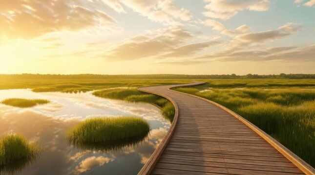 Sun drenched wooden boardwalk winding through a restored coastal marshland at sunset, cinematic widescreen view featuring golden hour light and serene nature landscape photography for travel backdrops