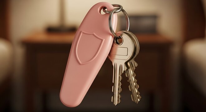 Pink key fob with house keys attached to it