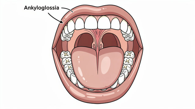 Detailed illustration of a human tongue and mouth with dental arches in open position