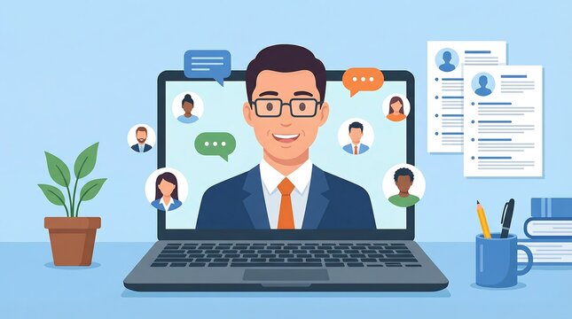 Professional man on laptop screen conducting virtual video conference with diverse team members for remote business communication and digital interview flat vector illustration style