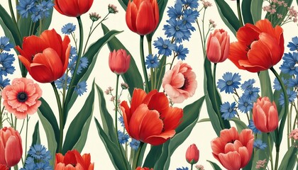 Obraz premium Red tulips and blue flowers seamless pattern. Realistic botanical illustration with green leaves and buds. Vintage floral design for fabric wallpaper or card. Spring blossom art.