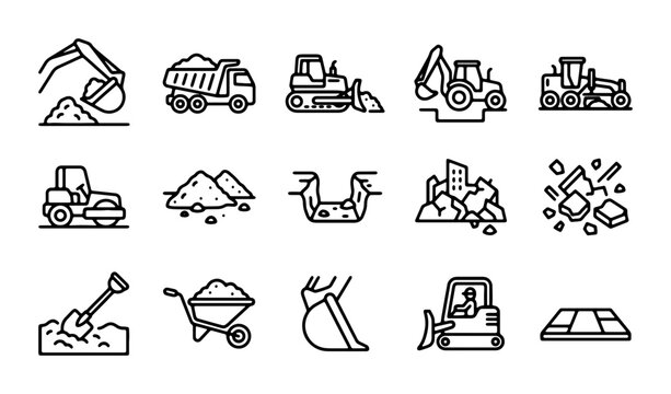 Construction Equipment Icons, Heavy Machinery Vector Set, Building Site Tools, Excavator & Truck Graphics