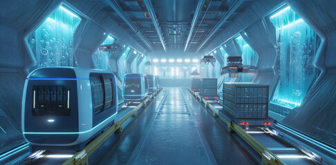 Obraz premium Futuristic automated underground cargo and passenger transport system in a high-tech tunnel with digital interface and blue lighting blue light artificial intelligence futuristic automation