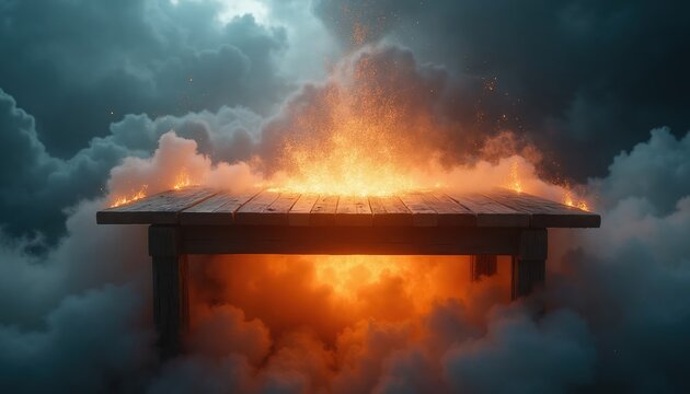Wooden table engulfed in intense fire and smoke. Surreal scene features glowing platform under dramatic dark clouds. Intense orange flames erupt from tabletop.