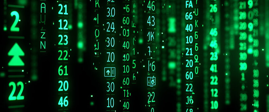 Digital stream of green binary code cascading in dark cyberspace.