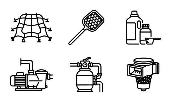 Pool Maintenance Icons: Skimmer, Pump, Filter, Chemicals, Net, 6 Vector Elements