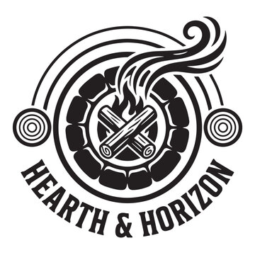 A stylized black logo featuring a campfire within a stone circle with the words Hearth & Horizon written below it