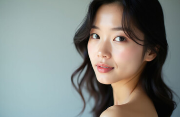 Fototapeta premium Young Japanese woman with healthy skin looks over shoulder. Dark wavy hair, soft, gentle expression against light grey background. Natural beauty, confidence shine through radiant features.